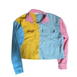 Romwe Womens Colorblock Corduroy Cropped Shirt Pastel Multi Color Size S‎ Small